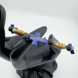 Bohemian Gold Tone Wire Wrapped Bangle Bracelet Natural Lapis Lazuli Cross Beads